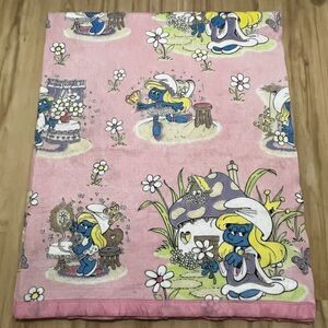 Vintage Smurfette Smurfs Blanket Pink Satin Trim 1983 Twin Size